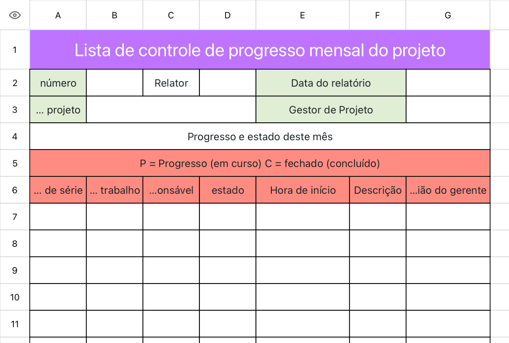Lista de controle de progresso mensal do projeto